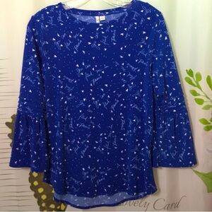 Pretty ELLE Royal Blue~Paris Theme Bell Sleeve Women’s Blouse~Size Small